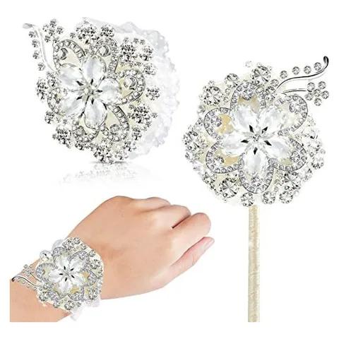 Yunsailing Wrist Corsage & Boutonniere Set – Silver Ivory · Crystal