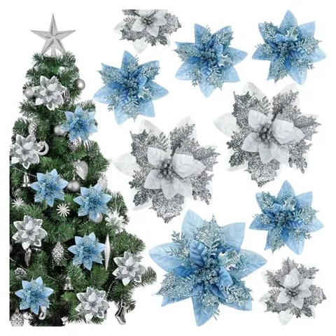 Yunsailing Glitter Poinsettia Picks – Light Blue, Silver