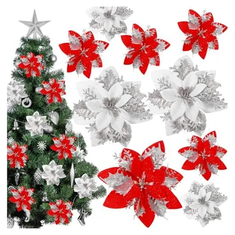 Yunsailing Glitter Poinsettia Picks – Red, White