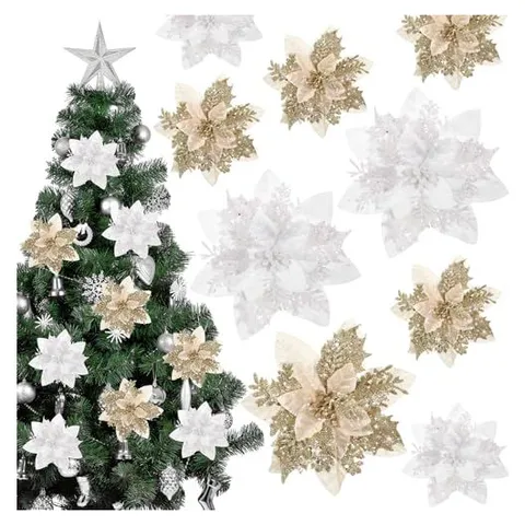 Yunsailing Glitter Poinsettia Picks – Champaign, Silvery White